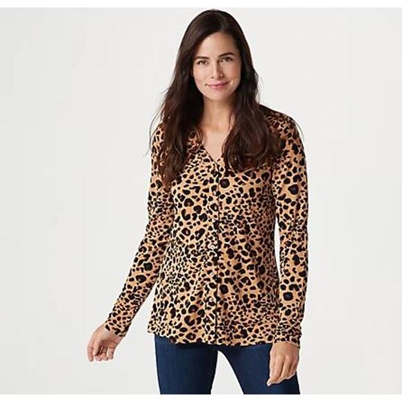 Isaac Mizrahi Live Top Womens Large Stretch Leopard Blouse Swing Tunic Classy - Picture 1 of 11